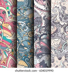 Set of tracery colorful seamless patterns. Curved doodling backgrounds for textile or printing with mehndi and ethnic motives. Vector