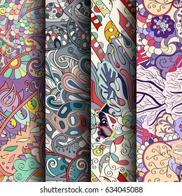 Set of tracery colorful seamless patterns. Curved doodling backgrounds for textile or printing with mehndi and ethnic motives. Vector