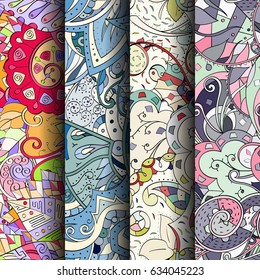 Set of tracery colorful seamless patterns. Curved doodling backgrounds for textile or printing with mehndi and ethnic motives. Vector