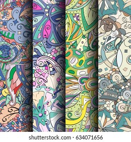 Set of tracery colorful seamless patterns. Curved doodling backgrounds for textile or printing with mehndi and ethnic motives. Vector