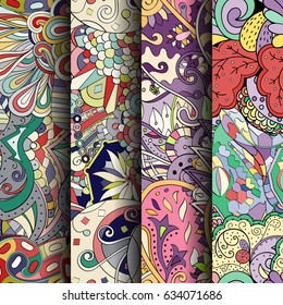 Set of tracery colorful seamless patterns. Curved doodling backgrounds for textile or printing with mehndi and ethnic motives. Vector