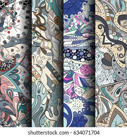 Set of tracery colorful seamless patterns. Curved doodling backgrounds for textile or printing with mehndi and ethnic motives. Vector