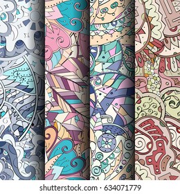 Set of tracery colorful seamless patterns. Curved doodling backgrounds for textile or printing with mehndi and ethnic motives. Vector