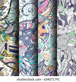 Set of tracery colorful seamless patterns. Curved doodling backgrounds for textile or printing with mehndi and ethnic motives. Vector
