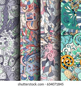 Set of tracery colorful seamless patterns. Curved doodling backgrounds for textile or printing with mehndi and ethnic motives. Vector