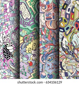 Set of tracery colorful seamless patterns. Curved doodling backgrounds for textile or printing with mehndi and ethnic motives. Vector