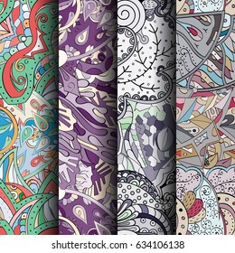 Set of tracery colorful seamless patterns. Curved doodling backgrounds for textile or printing with mehndi and ethnic motives. Vector