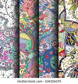 Set of tracery colorful seamless patterns. Curved doodling backgrounds for textile or printing with mehndi and ethnic motives. Vector
