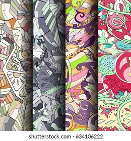 Set of tracery colorful seamless patterns. Curved doodling backgrounds for textile or printing with mehndi and ethnic motives. Vector