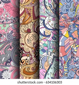 Set of tracery colorful seamless patterns. Curved doodling backgrounds for textile or printing with mehndi and ethnic motives. Vector