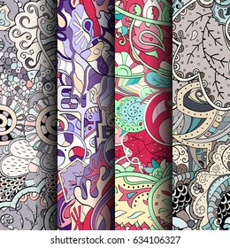 Set of tracery colorful seamless patterns. Curved doodling backgrounds for textile or printing with mehndi and ethnic motives. Vector