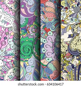 Set of tracery colorful seamless patterns. Curved doodling backgrounds for textile or printing with mehndi and ethnic motives. Vector