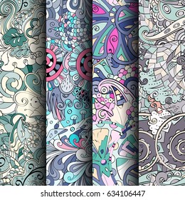 Set of tracery colorful seamless patterns. Curved doodling backgrounds for textile or printing with mehndi and ethnic motives. Vector