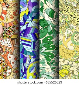 Set of tracery colorful seamless patterns. Vertical stripes. Curved doodling backgrounds for textile or printing with mehndi and ethnic motives. Vector