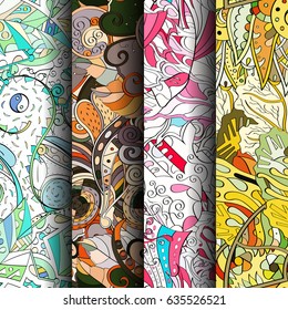 Set of tracery colorful seamless patterns. Vertical stripes. Curved doodling backgrounds for textile or printing with mehndi and ethnic motives. Vector