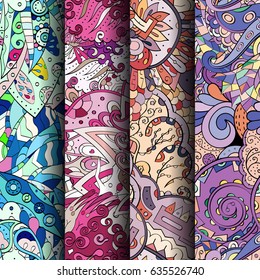 Set of tracery colorful seamless patterns. Vertical stripes. Curved doodling backgrounds for textile or printing with mehndi and ethnic motives. Vector