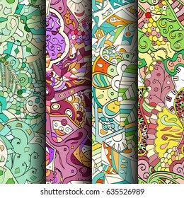 Set of tracery colorful seamless patterns. Vertical stripes. Curved doodling backgrounds for textile or printing with mehndi and ethnic motives. Vector