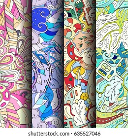 Set of tracery colorful seamless patterns. Vertical stripes. Curved doodling backgrounds for textile or printing with mehndi and ethnic motives. Vector