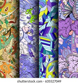 Set of tracery colorful seamless patterns. Vertical stripes. Curved doodling backgrounds for textile or printing with mehndi and ethnic motives. Vector
