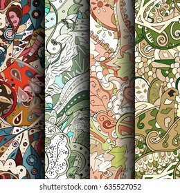 Set of tracery colorful seamless patterns. Vertical stripes. Curved doodling backgrounds for textile or printing with mehndi and ethnic motives. Vector