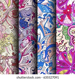 Set of tracery colorful seamless patterns. Vertical stripes. Curved doodling backgrounds for textile or printing with mehndi and ethnic motives. Vector