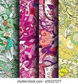 Set of tracery colorful seamless patterns. Vertical stripes. Curved doodling backgrounds for textile or printing with mehndi and ethnic motives. Vector