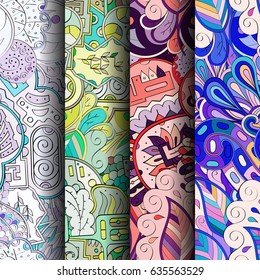 Set of tracery colorful seamless patterns. Vertical stripes. Curved doodling backgrounds for textile or printing with mehndi and ethnic motives. Vector