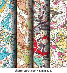 Set of tracery colorful seamless patterns. Vertical stripes. Curved doodling backgrounds for textile or printing with mehndi and ethnic motives. Vector