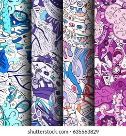 Set of tracery colorful seamless patterns. Vertical stripes. Curved doodling backgrounds for textile or printing with mehndi and ethnic motives. Vector