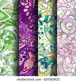 Set of tracery colorful seamless patterns. Vertical stripes. Curved doodling backgrounds for textile or printing with mehndi and ethnic motives. Vector