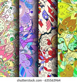 Set of tracery colorful seamless patterns. Vertical stripes. Curved doodling backgrounds for textile or printing with mehndi and ethnic motives. Vector