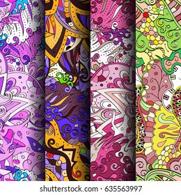 Set of tracery colorful seamless patterns. Vertical stripes. Curved doodling backgrounds for textile or printing with mehndi and ethnic motives. Vector