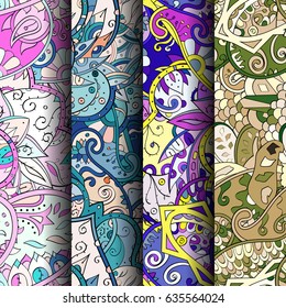 Set of tracery colorful seamless patterns. Vertical stripes. Curved doodling backgrounds for textile or printing with mehndi and ethnic motives. Vector