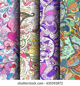 Set of tracery colorful seamless patterns. Vertical stripes. Curved doodling backgrounds for textile or printing with mehndi and ethnic motives. Vector