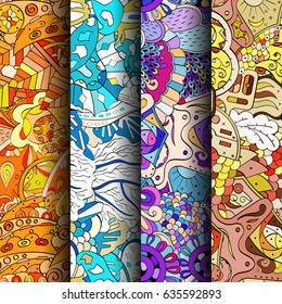 Set of tracery colorful seamless patterns. Vertical stripes. Curved doodling backgrounds for textile or printing with mehndi and ethnic motives. Vector
