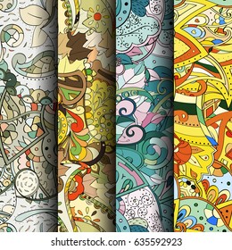 Set of tracery colorful seamless patterns. Vertical stripes. Curved doodling backgrounds for textile or printing with mehndi and ethnic motives. Vector