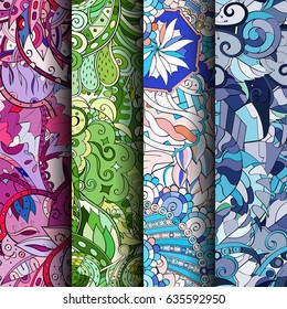 Set of tracery colorful seamless patterns. Vertical stripes. Curved doodling backgrounds for textile or printing with mehndi and ethnic motives. Vector