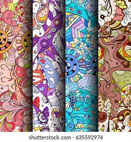 Set of tracery colorful seamless patterns. Vertical stripes. Curved doodling backgrounds for textile or printing with mehndi and ethnic motives. Vector