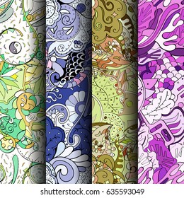 Set of tracery colorful seamless patterns. Vertical stripes. Curved doodling backgrounds for textile or printing with mehndi and ethnic motives. Vector