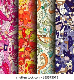 Set of tracery colorful seamless patterns. Vertical stripes. Curved doodling backgrounds for textile or printing with mehndi and ethnic motives. Vector
