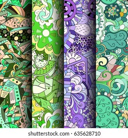 Set of tracery colorful seamless patterns. Vertical stripes. Curved doodling backgrounds for textile or printing with mehndi and ethnic motives. Vector