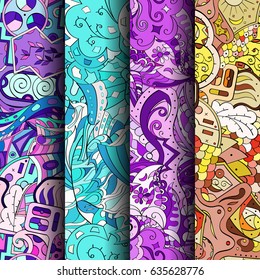 Set of tracery colorful seamless patterns. Vertical stripes. Curved doodling backgrounds for textile or printing with mehndi and ethnic motives. Vector