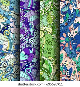 Set of tracery colorful seamless patterns. Vertical stripes. Curved doodling backgrounds for textile or printing with mehndi and ethnic motives. Vector