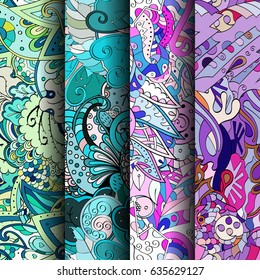 Set of tracery colorful seamless patterns. Vertical stripes. Curved doodling backgrounds for textile or printing with mehndi and ethnic motives. Vector