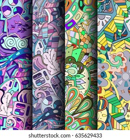 Set of tracery colorful seamless patterns. Vertical stripes. Curved doodling backgrounds for textile or printing with mehndi and ethnic motives. Vector