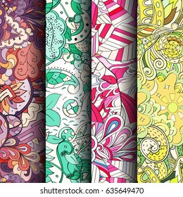 Set of tracery colorful seamless patterns. Vertical stripes. Curved doodling backgrounds for textile or printing with mehndi and ethnic motives. Vector