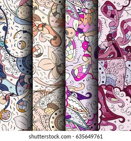 Set of tracery colorful seamless patterns. Vertical stripes. Curved doodling backgrounds for textile or printing with mehndi and ethnic motives. Vector