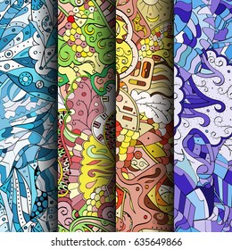 Set of tracery colorful seamless patterns. Vertical stripes. Curved doodling backgrounds for textile or printing with mehndi and ethnic motives. Vector