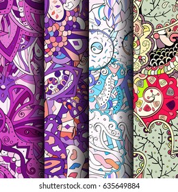 Set of tracery colorful seamless patterns. Vertical stripes. Curved doodling backgrounds for textile or printing with mehndi and ethnic motives. Vector