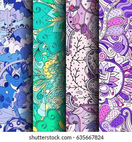 Set of tracery colorful seamless patterns. Vertical stripes. Curved doodling backgrounds for textile or printing with mehndi and ethnic motives. Vector